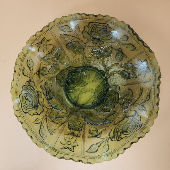 Vintag Green Carnival Style Pressed Glass Rose Pattern Crimped Bowl - Picture 6 of 9